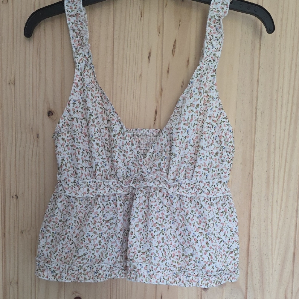 SHEIN White Floral Smocked Peplum Camisole with Pink & Green Print